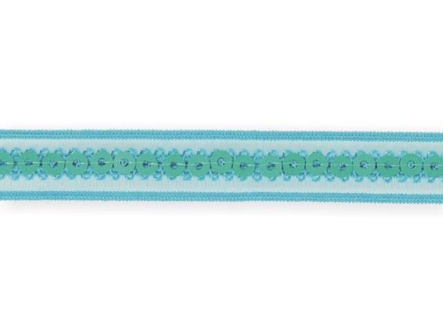 Galon "paillettes sur bande élastique" bleu turquoise 13mm